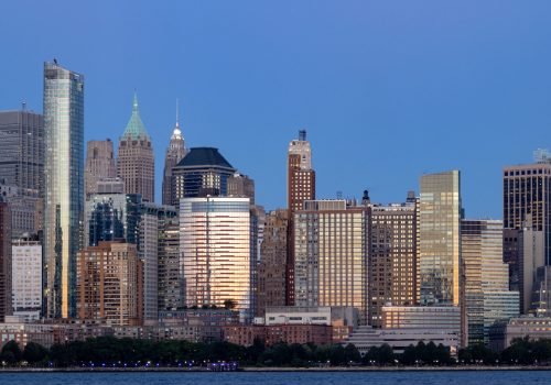 The large skyscrapers in downtown New York at sunset