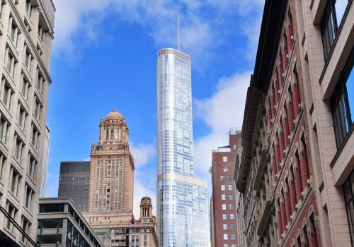 CHICAGO, IL - Oct 1: Trump Tower Chicago closeup on October 1, 2011 in Chicago, Illinois. Upon its completion in 2009 with hieght 1,362 feet, it is the seventh-tallest building in the world.